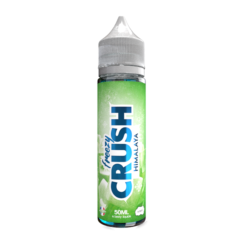 Eliquide 50 millilitre avec écrit Freezy Crush Himalaya en bleu brillant sur fond de dégradé de vert