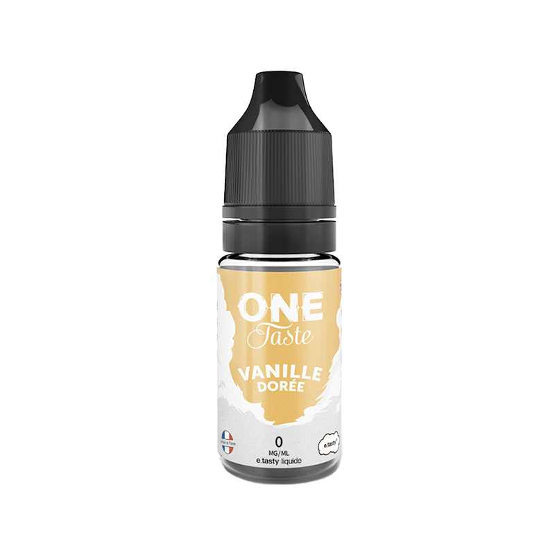 Bouteille de eliquide en 10 millilitres du One Taste Vanille Dorée sur fond dorée et blanc