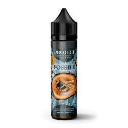 Bouteille d'e-liquide Protect Fossile saveur fruit du dragon, fraise et miel, avec une illustration d'abeille fossilisée