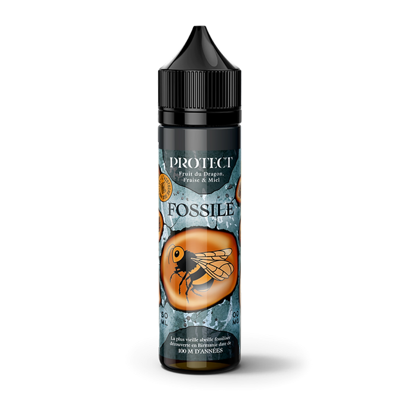 Bouteille d'e-liquide Protect Fossile saveur fruit du dragon, fraise et miel, avec une illustration d'abeille fossilisée