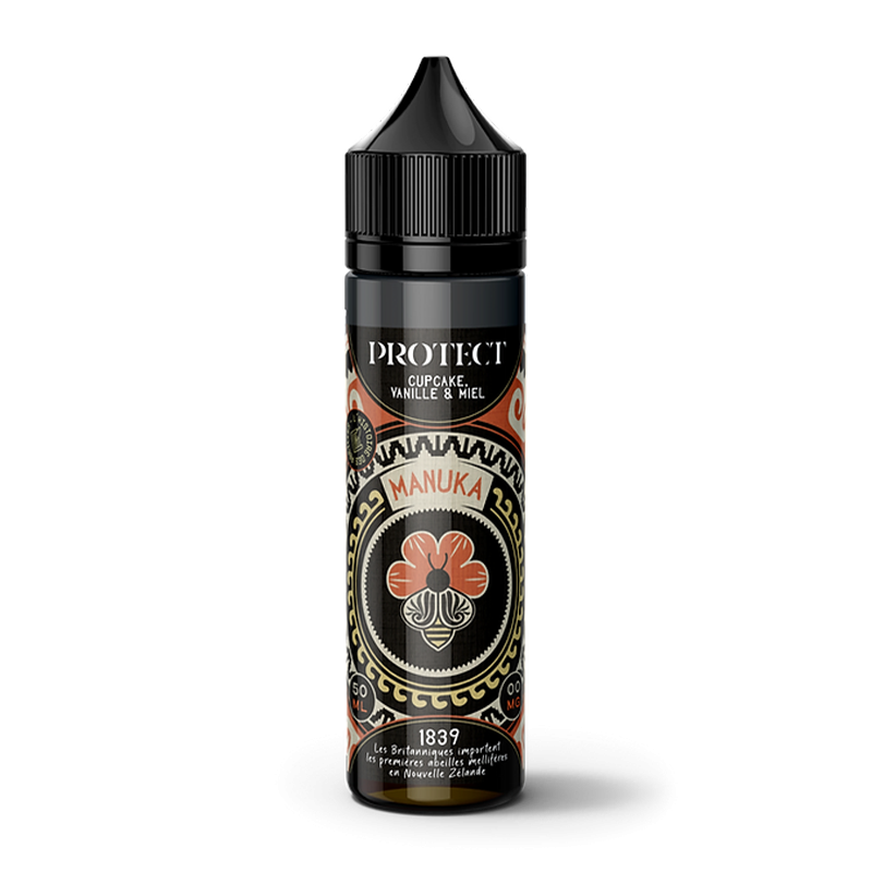 Bouteille d'e-liquide Protect Manuka saveur cupcake, vanille et miel avec un design ornemental noir et or