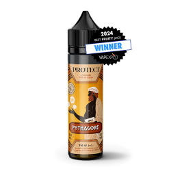 Bouteille d'e-liquide Protect Pythagore saveur trio de citron, avec un design illustrant Pythagore et une médaille Vapexpo 2024