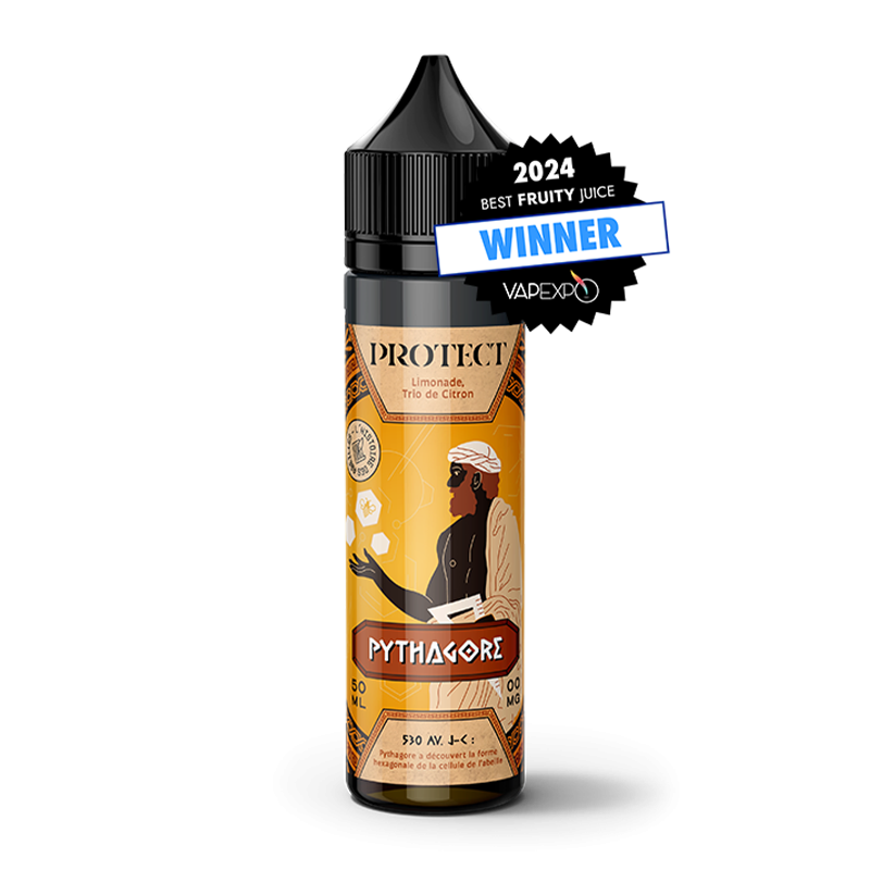 Bouteille d'e-liquide Protect Pythagore saveur trio de citron, avec un design illustrant Pythagore et une médaille Vapexpo 2024