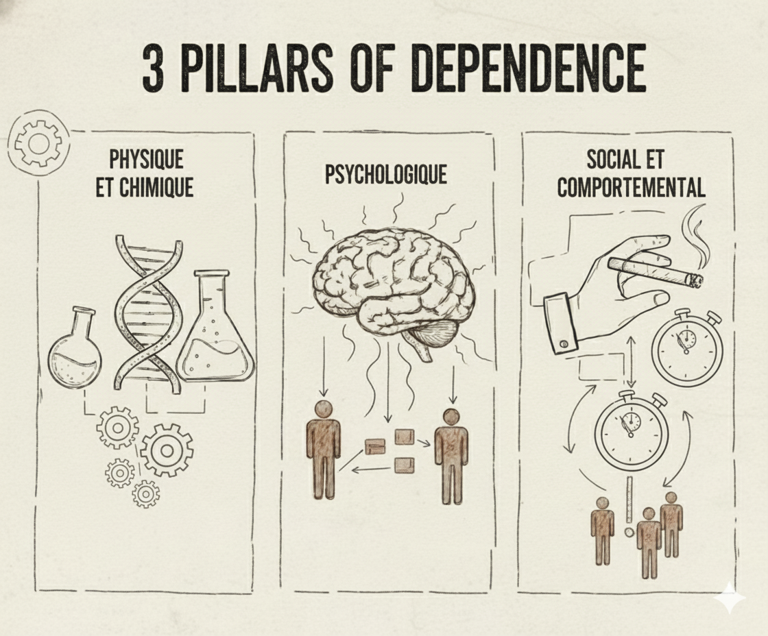 Infographie résumant les 3 piliers de la dépendance tabagique : Physique, Psychologique, Comportementale.