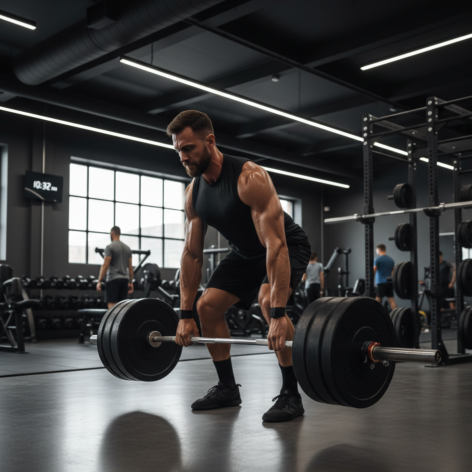 Athlète concentré soulevant des poids dans une salle de musculation moderne.